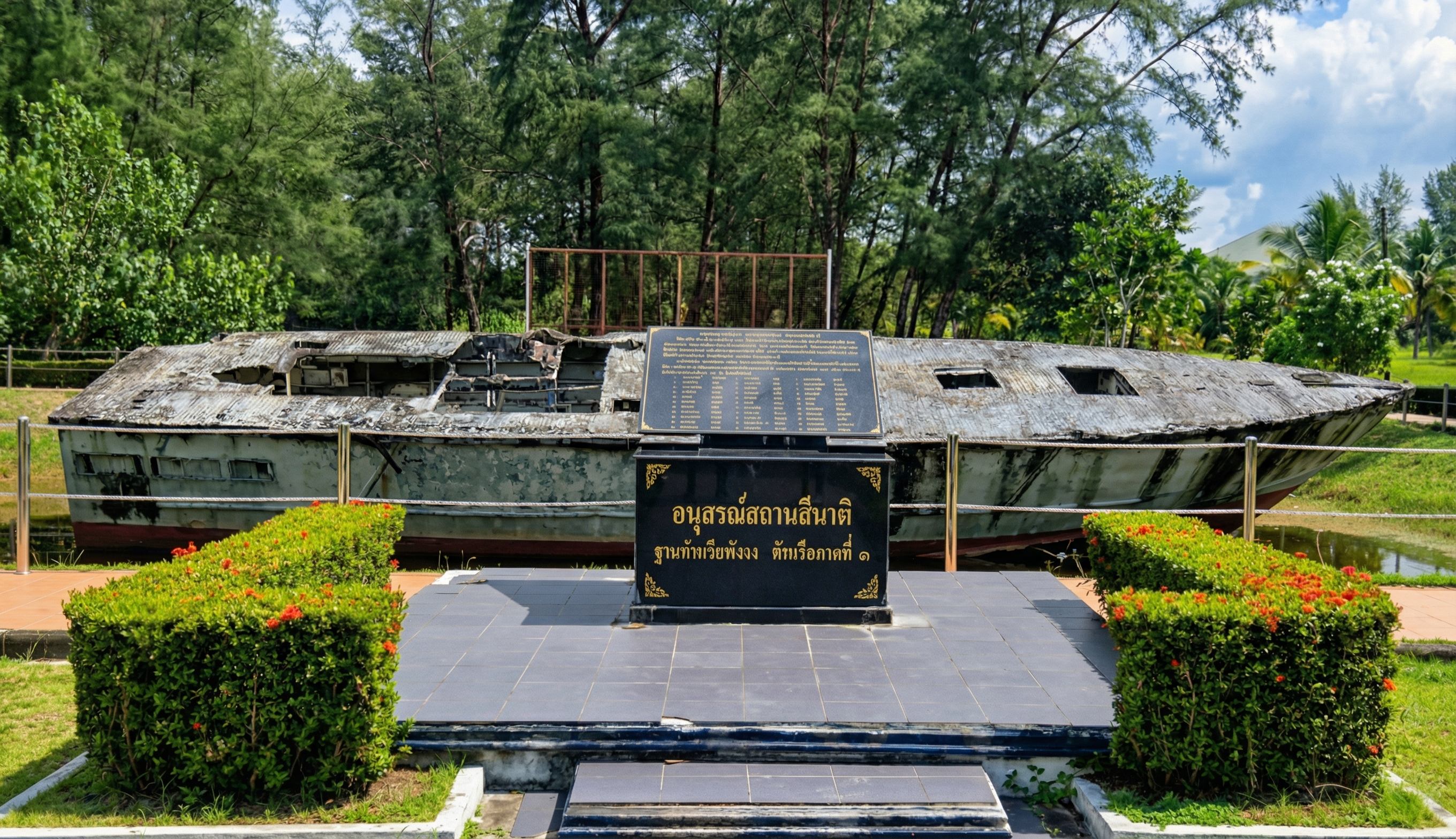 Zrezivělá loď u památníku tsunami v Khao Laku, deska s thajským nápisem.