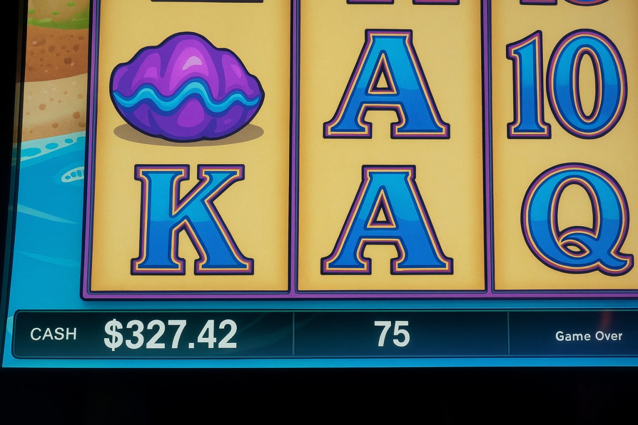 Detail obrazovky automatu: symbol, písmena A K Q, 10; CASH $327.42, Game Over