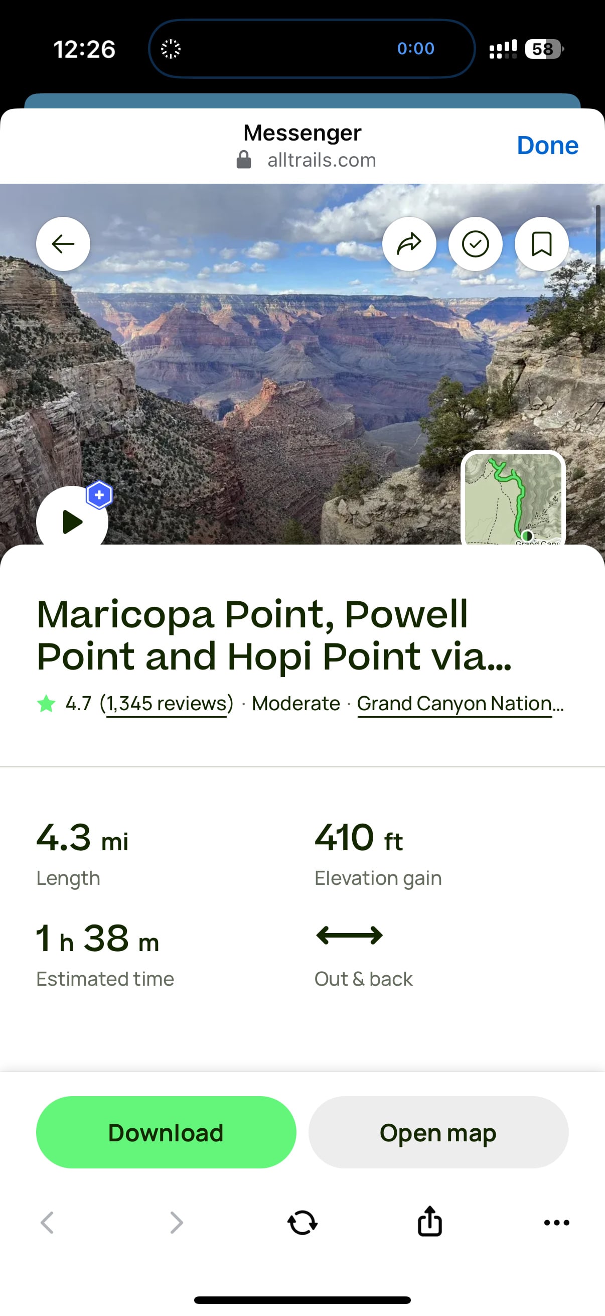 Trail Maricopa Point v Grand Canyonu s výhledem do kaňonu a náhledem trasy v aplikaci AllTrails