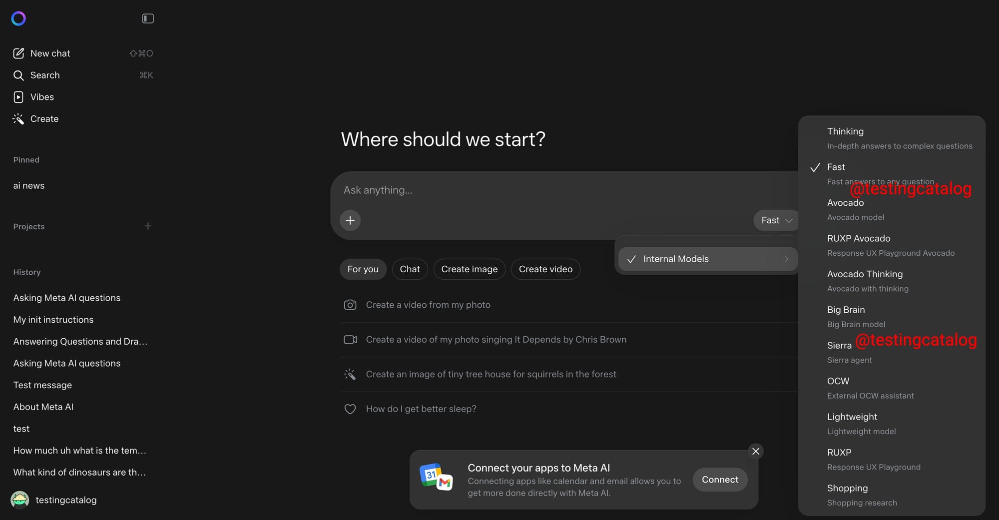 Snímek Meta AI: výběr modelu Avocado a Sierra.