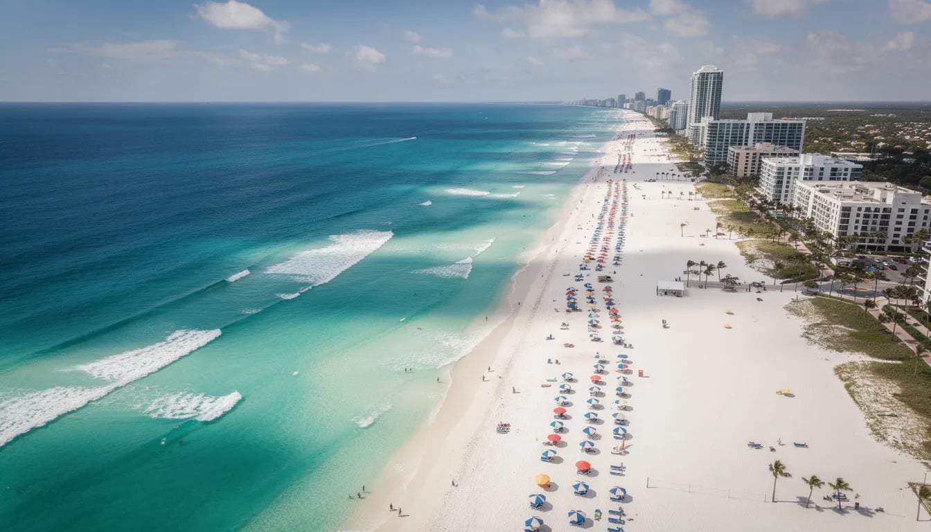 Letecký pohled na Miami Beach, bílý písek, tyrkysové moře, barevné slunečníky, hotely.