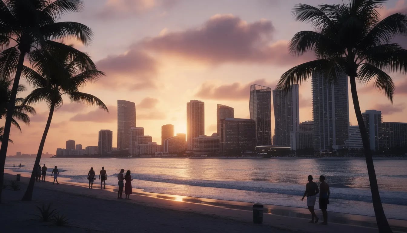 Západ slunce nad pláží, palmy a siluety lidí, panorama mrakodrapů Miami.