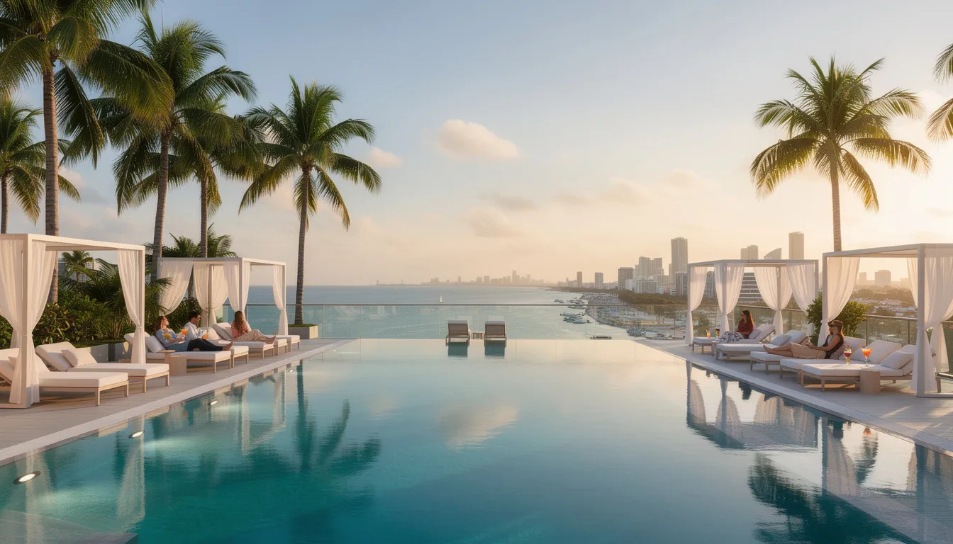 Nekonečný bazén s cabanami a palmami, výhled na moře a panorama města.