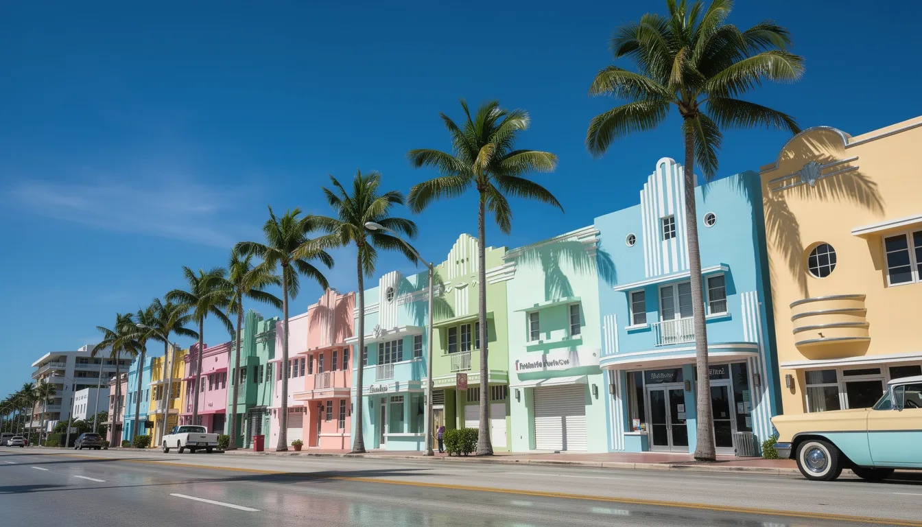 Barevné art deco domy a palmy na Ocean Drive, Miami Beach.