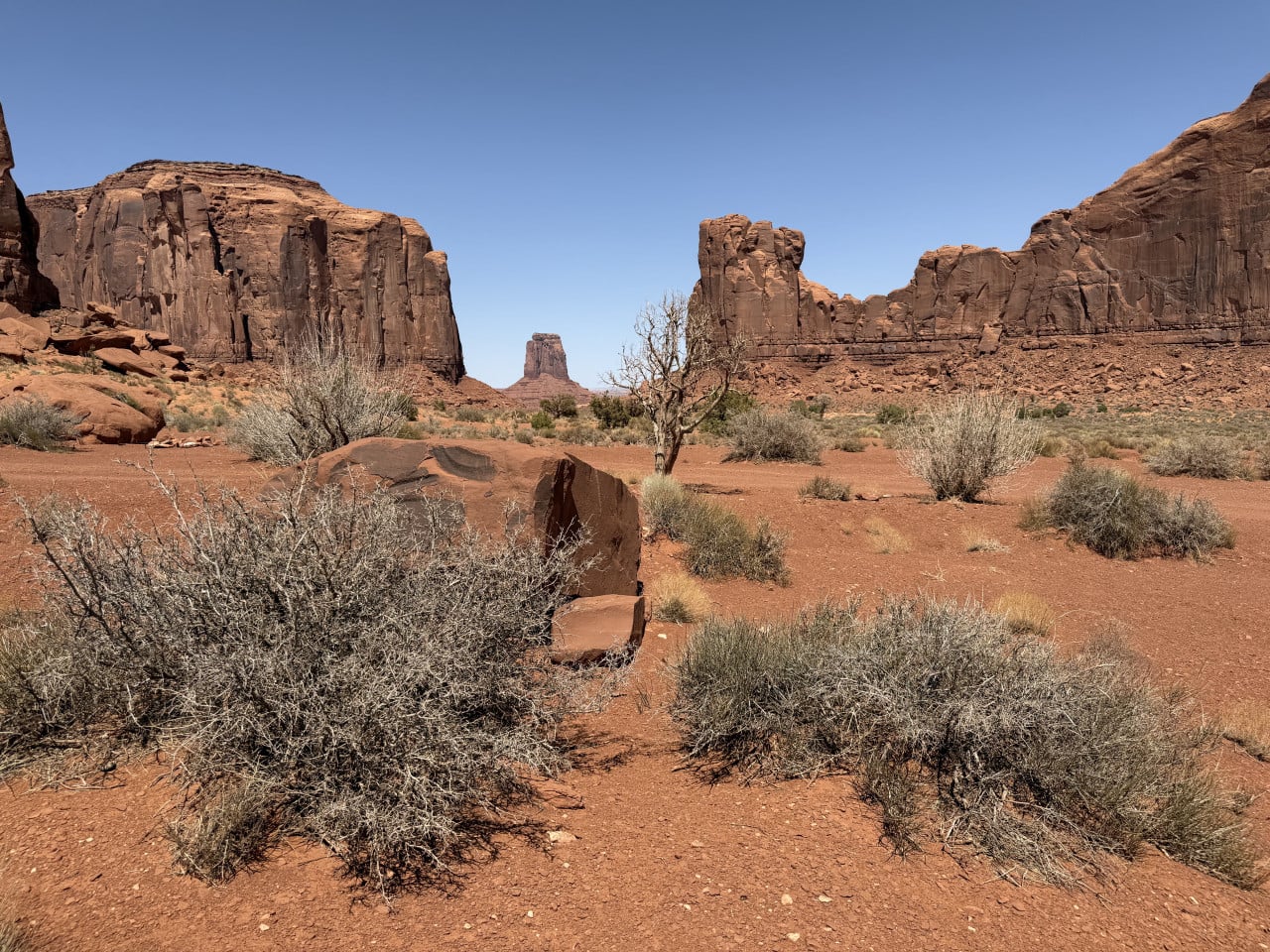 Červená poušť Monument Valley, keře a vysoké pískovcové věže pod modrou oblohou.