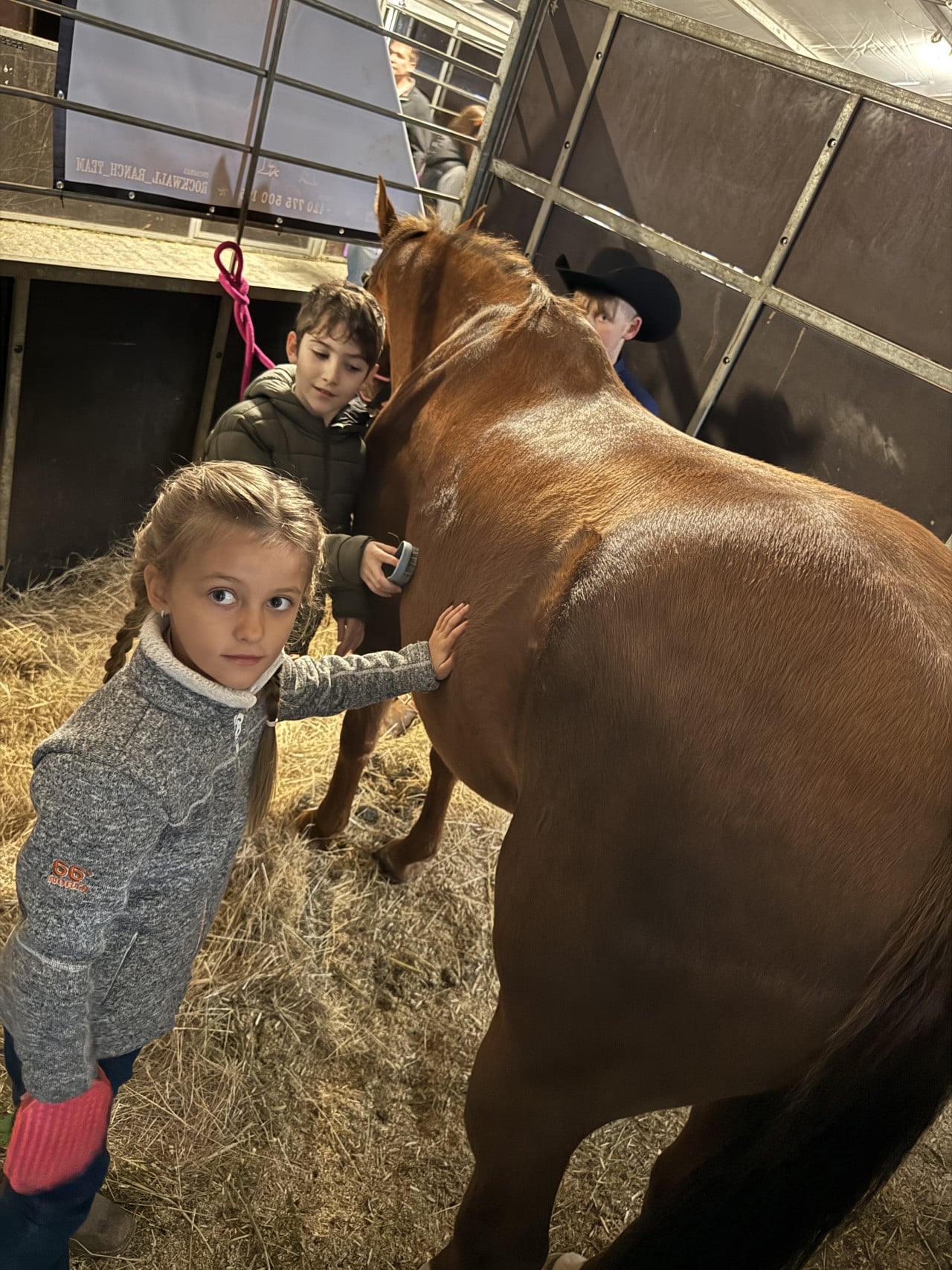 Děti hladí hnědého koně ve stáji na slámě, chlapec v kovbojském klobouku v pozadí