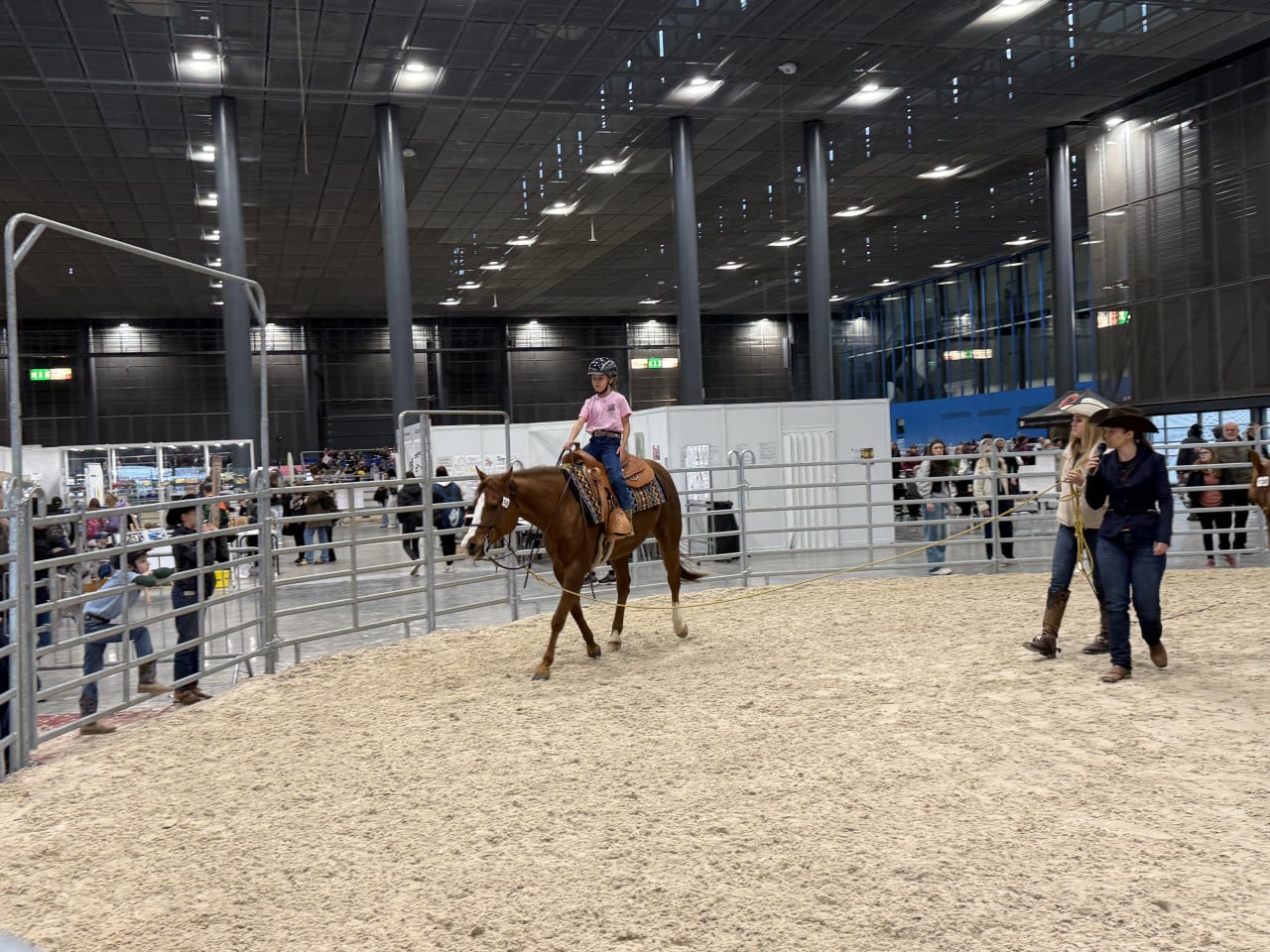 Dívka na hnědém koni vedeném instruktorkami v kryté hale výstavy.