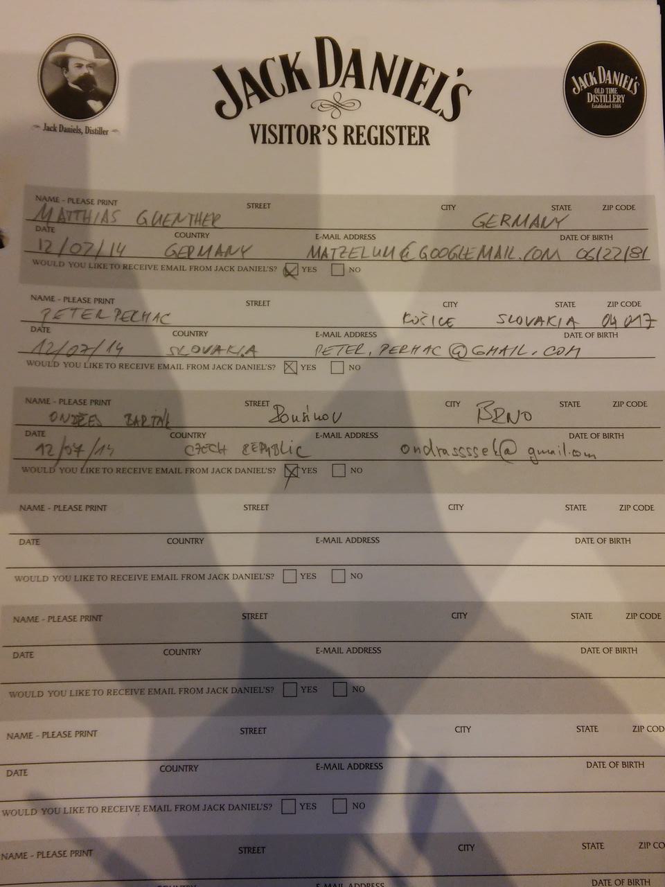 Stránka Jack Daniel’s Visitor’s Register s ručními zápisy návštěvníků a e-maily.
