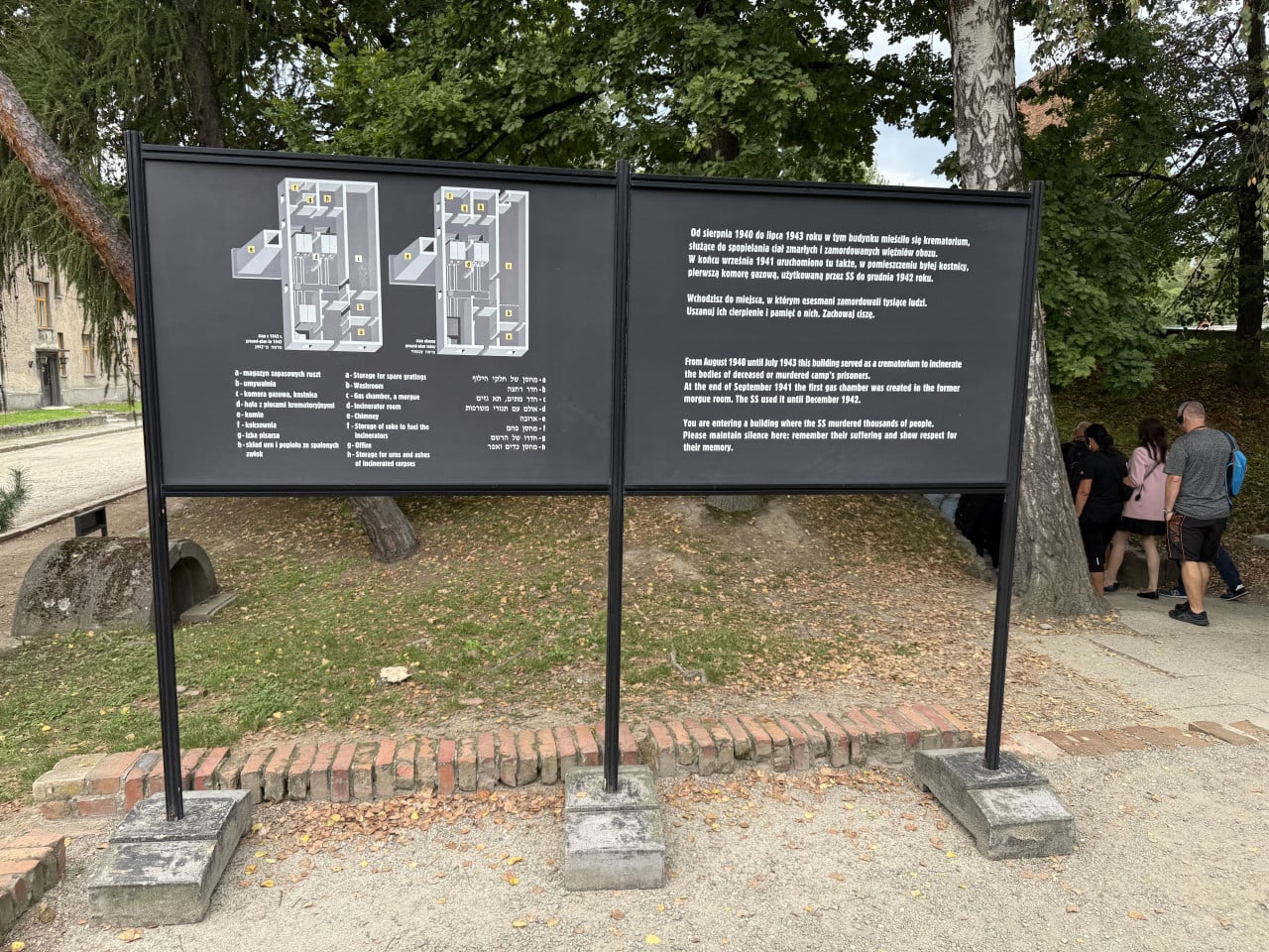 Informační tabule u Auschwitz-Birkenau s plánem krematoria a textem, návštěvníci vpravo.