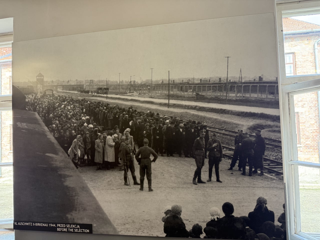 Historická fotografie selekce vězňů v Auschwitz-Birkenau 1944, před výběrem.