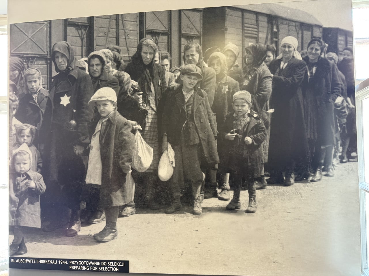 Historická fotografie vězňů s dětmi před vagóny v Auschwitz-Birkenau, 1944.