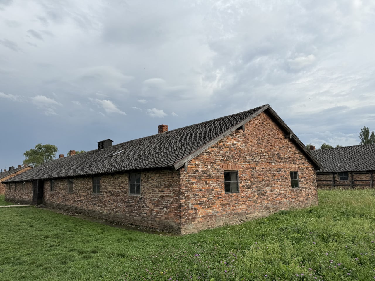 Cihlové baráky bývalého tábora Auschwitz-Birkenau pod zamračenou oblohou, okolní tráva.