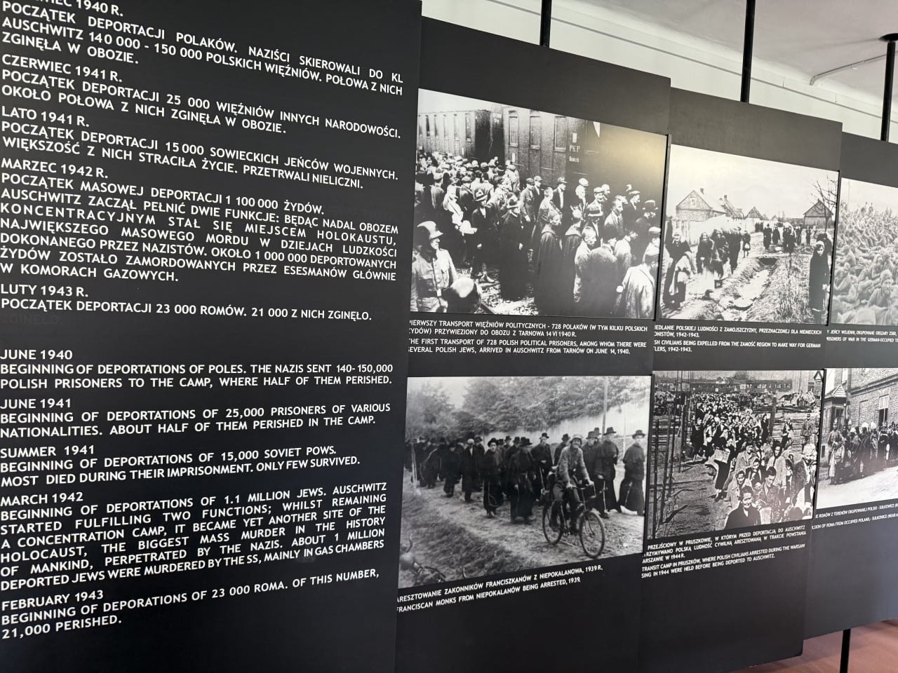 Panel s časovou osou deportací do Auschwitz a historickými fotografiemi vězňů
