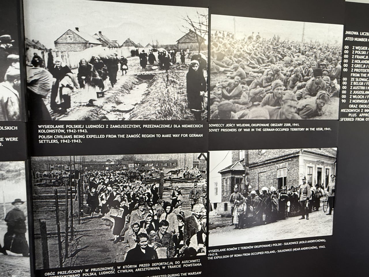 Koláž historických černobílých fotografií s popisky o deportacích a vězních v Auschwitz-Birkenau.