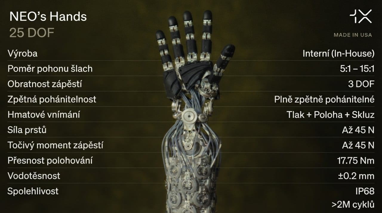 Robotická ruka NEO českými technickými parametry na obrázku