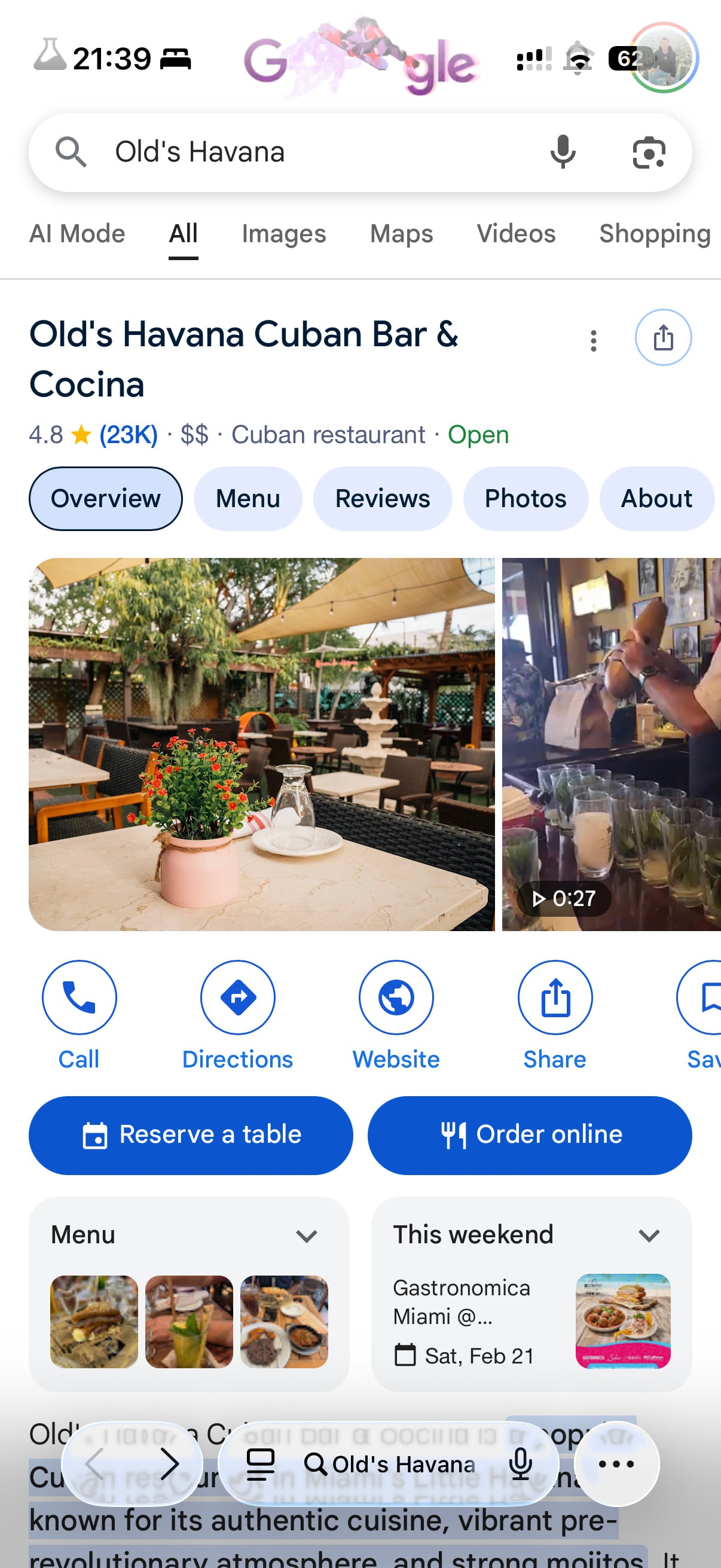 Screenshot Google: Old's Havana Cuban Bar & Cocina, fotky zahrádky a baru.