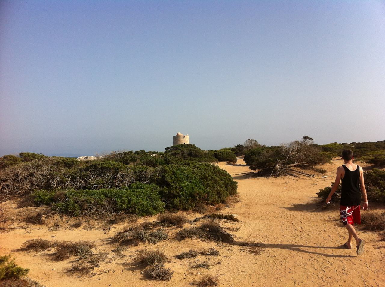 Muž jde po písčité cestě mezi keři, v dálce kamenná věž.