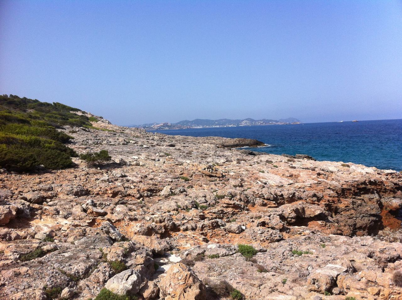 Kamenité pobřeží s nízkými keři, modré moře a vzdálené kopce pod jasnou oblohou