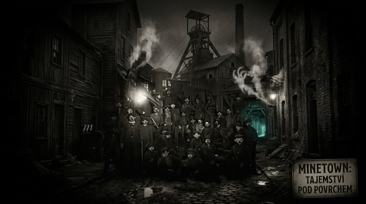 Temná hornická koláž s muži, těžební věží a nápisem MINETOWN: TAJEMSTVÍ POD POVRCHEM