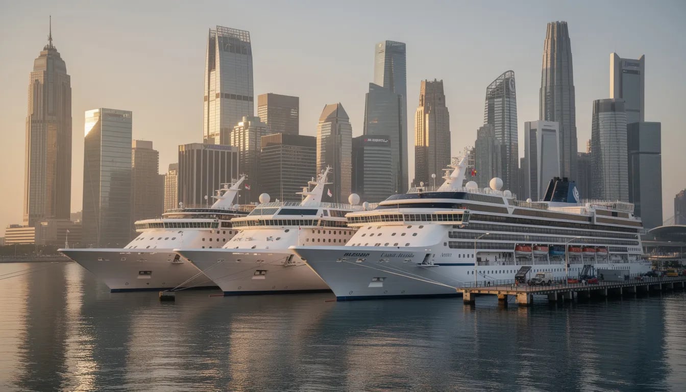 Tři výletní lodě kotví v PortMiami před mrakodrapy centra Miami za soumraku.