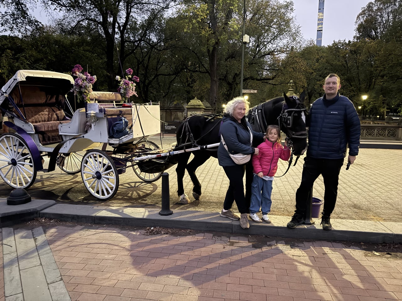Rodina pózuje u kočáru s koněm v Central Parku při soumraku.