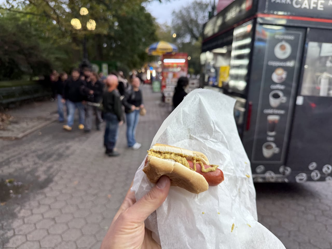 Ruka drží hot dog před stánkem v Central Parku, lidé čekají v pozadí.