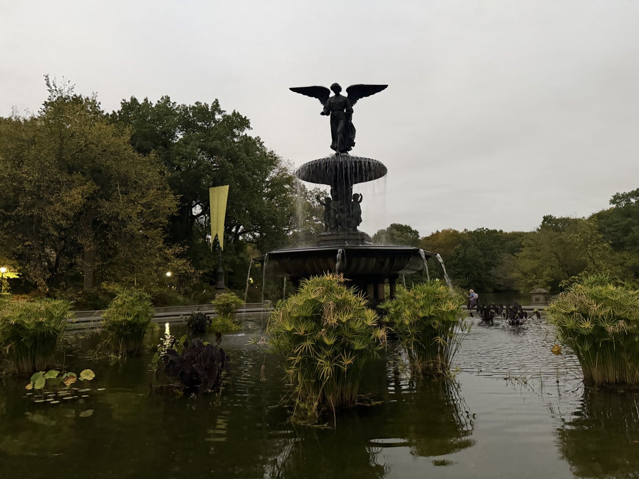 Fontána s andělem v Central Parku, obklopená jezírkem a zelení.