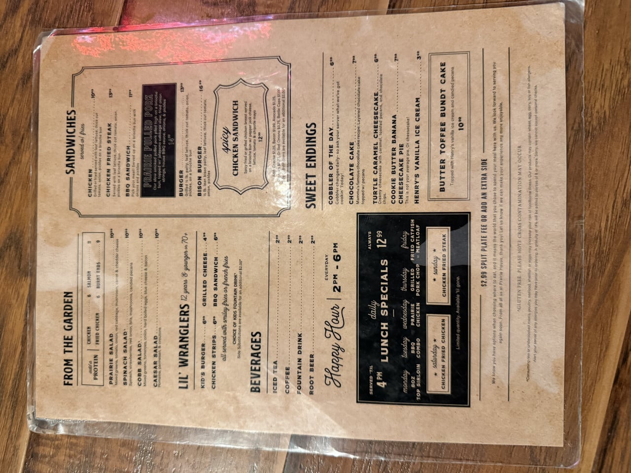 Laminované menu Prairie House: From the Garden, Sandwiches, Sweet Endings, Happy Hour 2PM–6PM