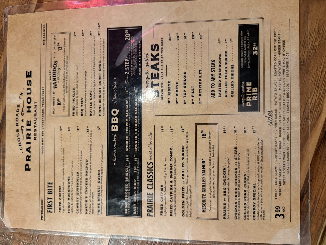 Jídelní lístek Prairie House Restaurant Cross Roads, TX s BBQ a steaky