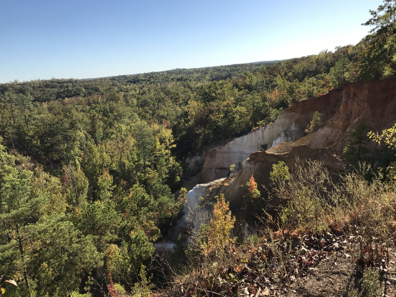 Červené a bílé erodované stěny Providence Canyon nad zalesněným údolím.