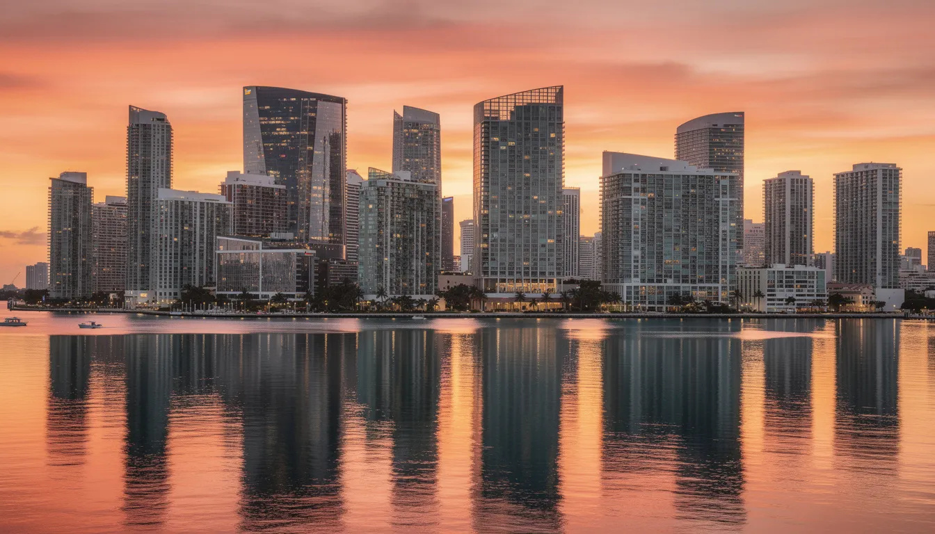 Mrakodrapy centra Miami při západu slunce, odraz v klidné zátoce.