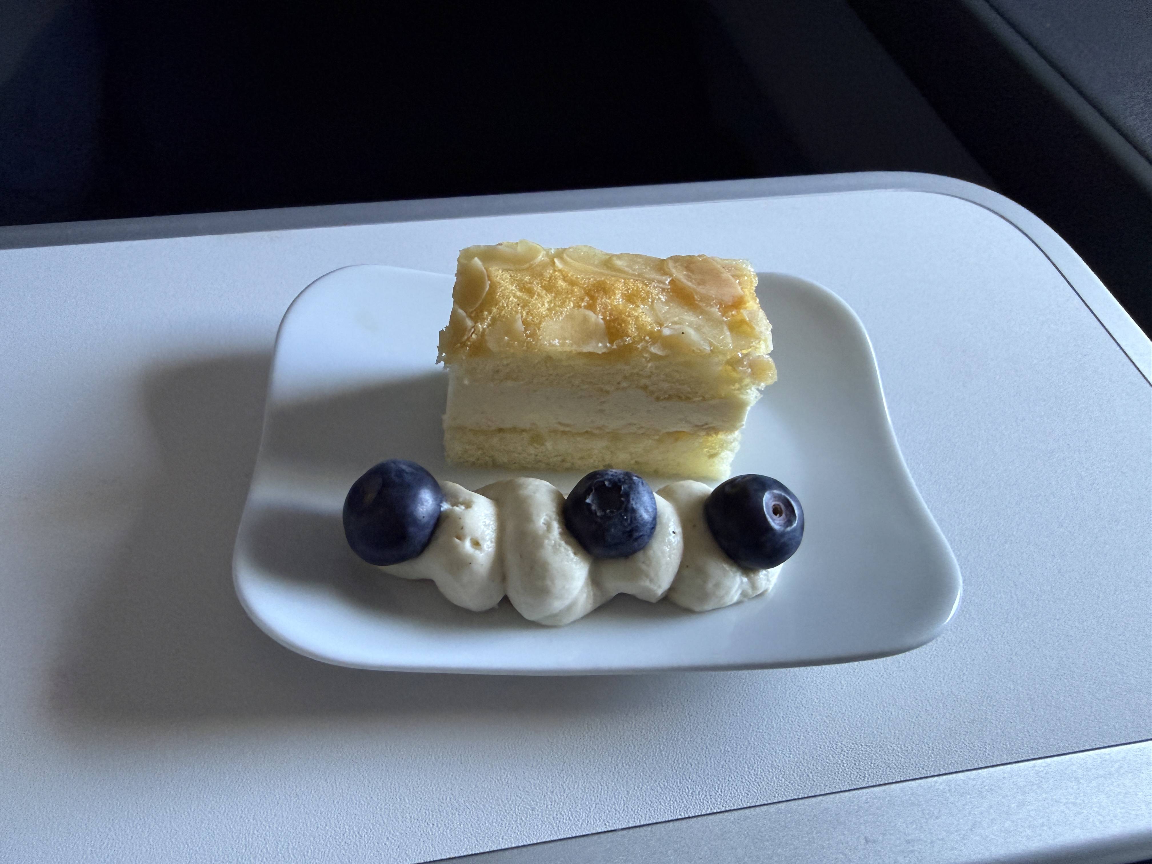Dezert v letadle: kousek vrstveného dortu, šlehačka a tři borůvky.