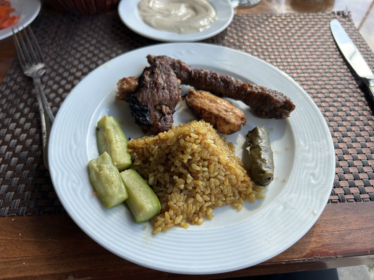 Talíř egyptského jídla s rýží, grilovaným masem, okurkami a vinným listem