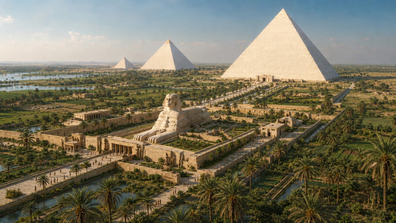 Panoramatický pohled na pyramidy v Gíze a Velkou sfingu v pouštní krajině.