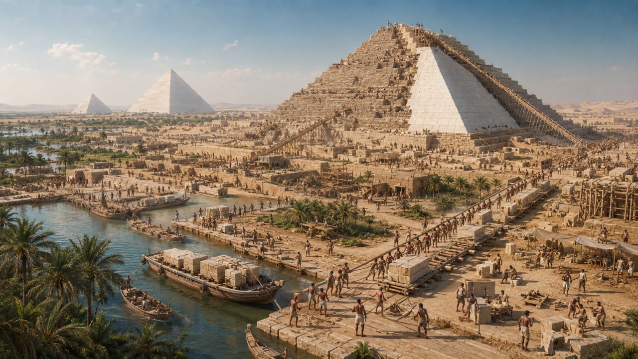 Stavba pyramidy v Gíze s dělníky, loděmi a dvěma menšími pyramidami v pozadí