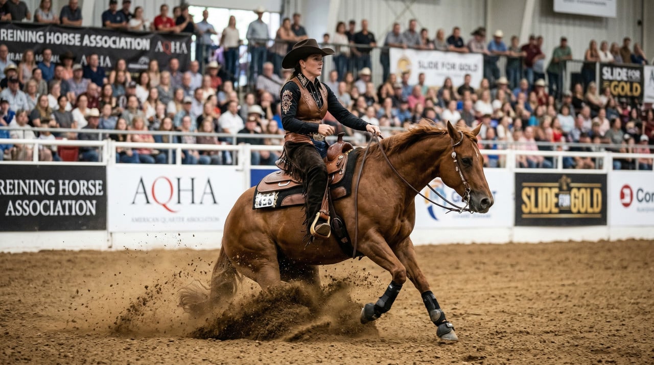 Jezdkyně na hnědém koni při sliding stopu, v pozadí bannery REINING HORSE ASSOCIATION a AQHA