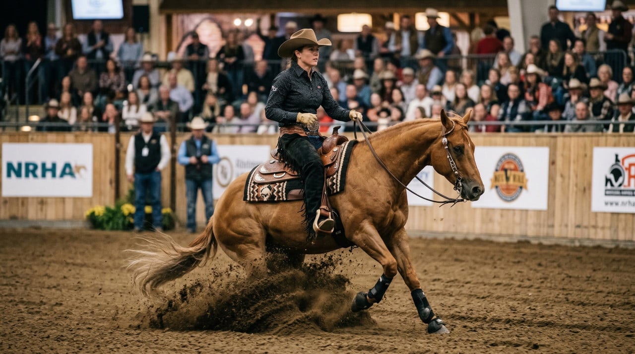 Jezdkyně v kovbojském klobouku na koni, zvířený písek, diváci, banner NRHA.