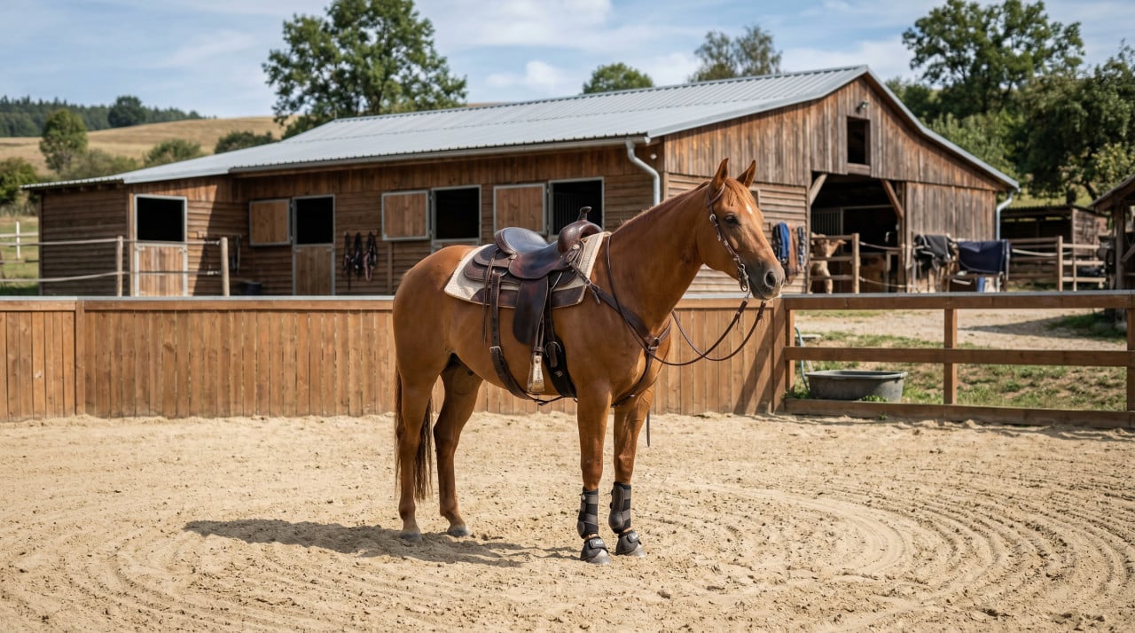 Osedlaný hnědák s westernovým sedlem stojí v pískové jízdárně před stájí.