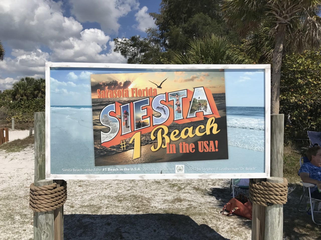 Cedule Siesta Beach s nápisem number 1 Beach in the USA, pláž a palmy v pozadí
