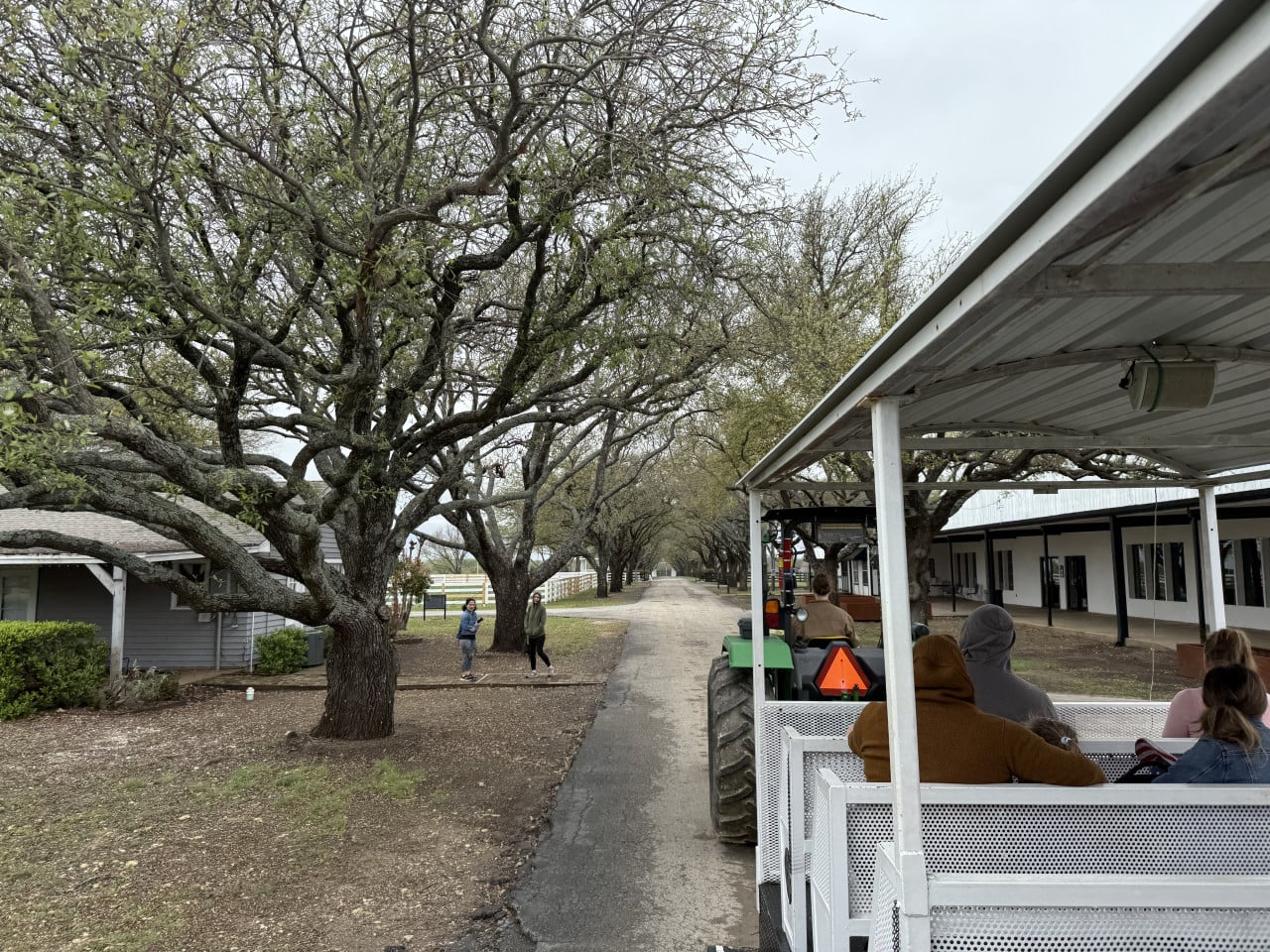 Turistický vláček za traktorem projíždí alejí stromů mezi budovami ranče Southfork