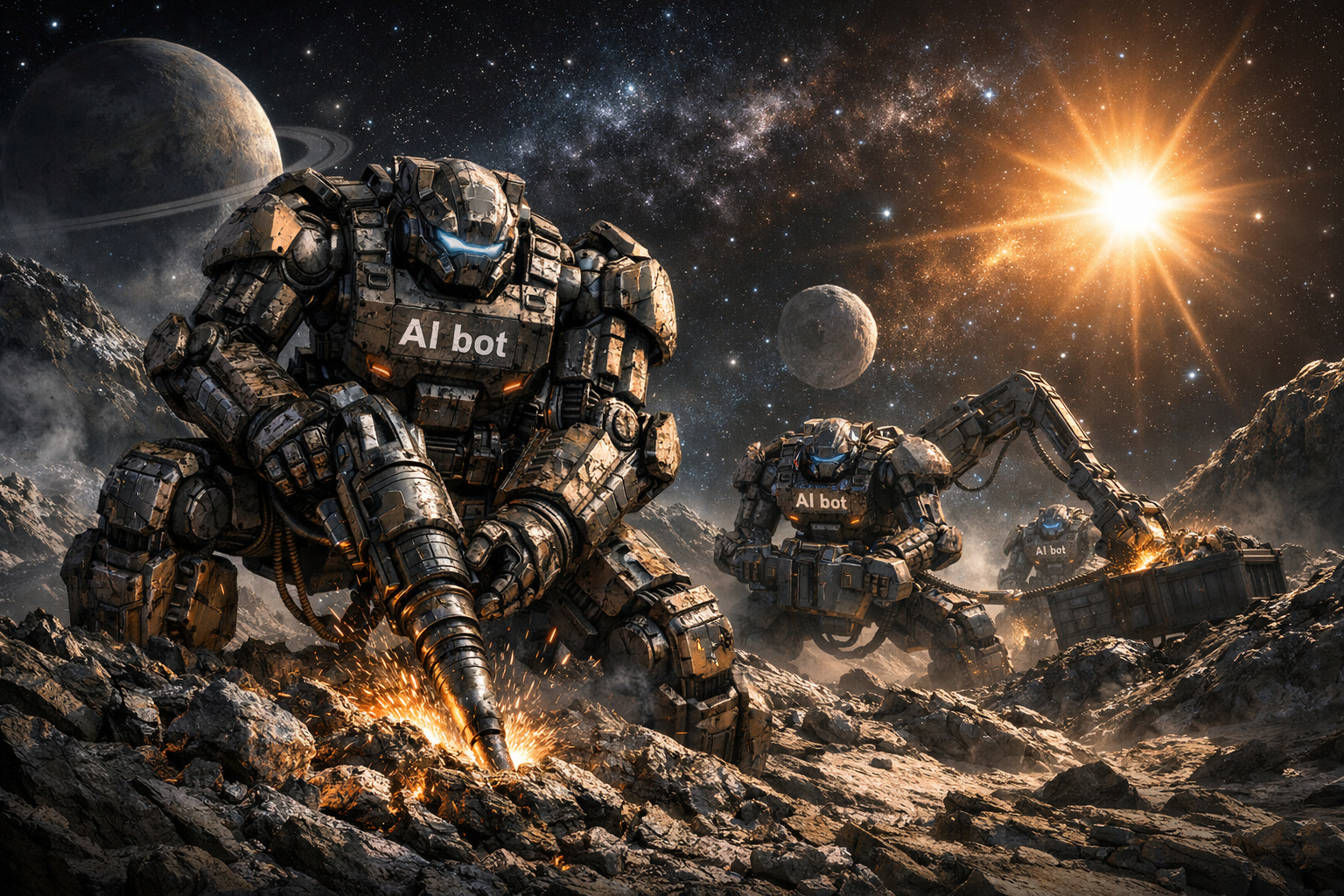 Ilustrační foto, AI boti těžící rudu na asteroidu.