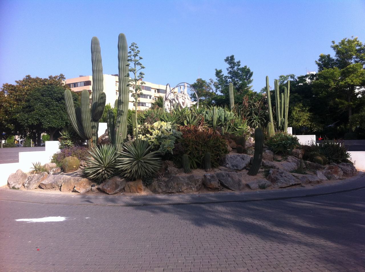 Kruhový objezd s kamenitou zahradou, vysokými kaktusy a sochou, v pozadí hotel.