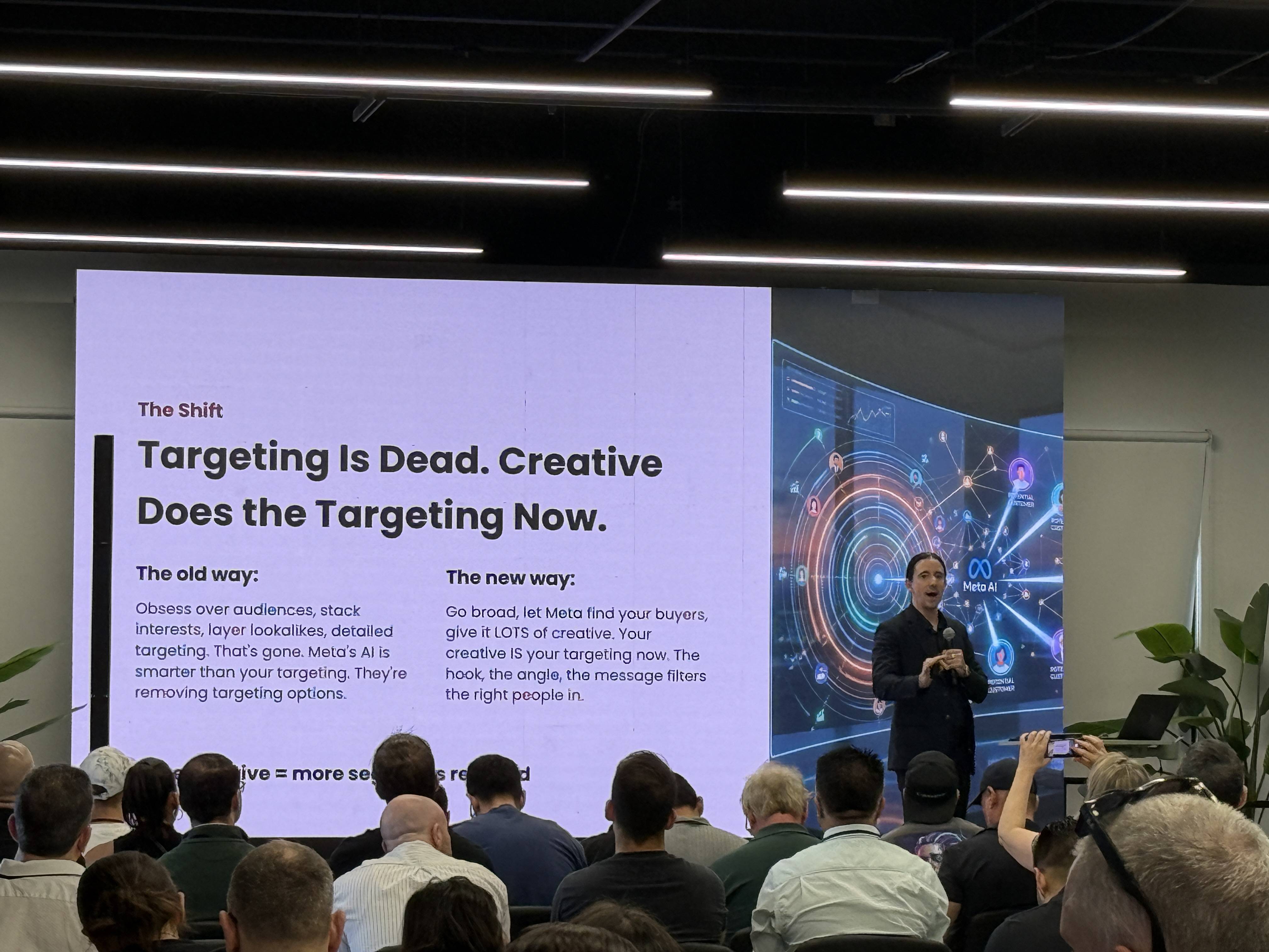 Přednáška před publikem, slide: Targeting Is Dead. Creative Does the Targeting Now.