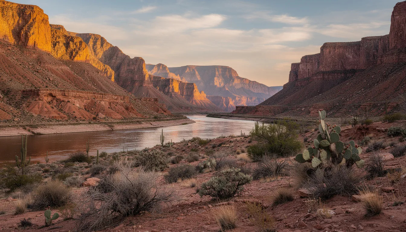 Na obrázku je dramatická pouštní krajina národního parku Big Bend v Texasu, kde se tyčí strmé kaňony a klikatí se řeka Rio Grande, která tvoří hranici se Mexikem. Krajina je charakterizována suchými, skalnatými útvary a pestrými barvami, které vytvářejí impozantní přírodní scenérii.