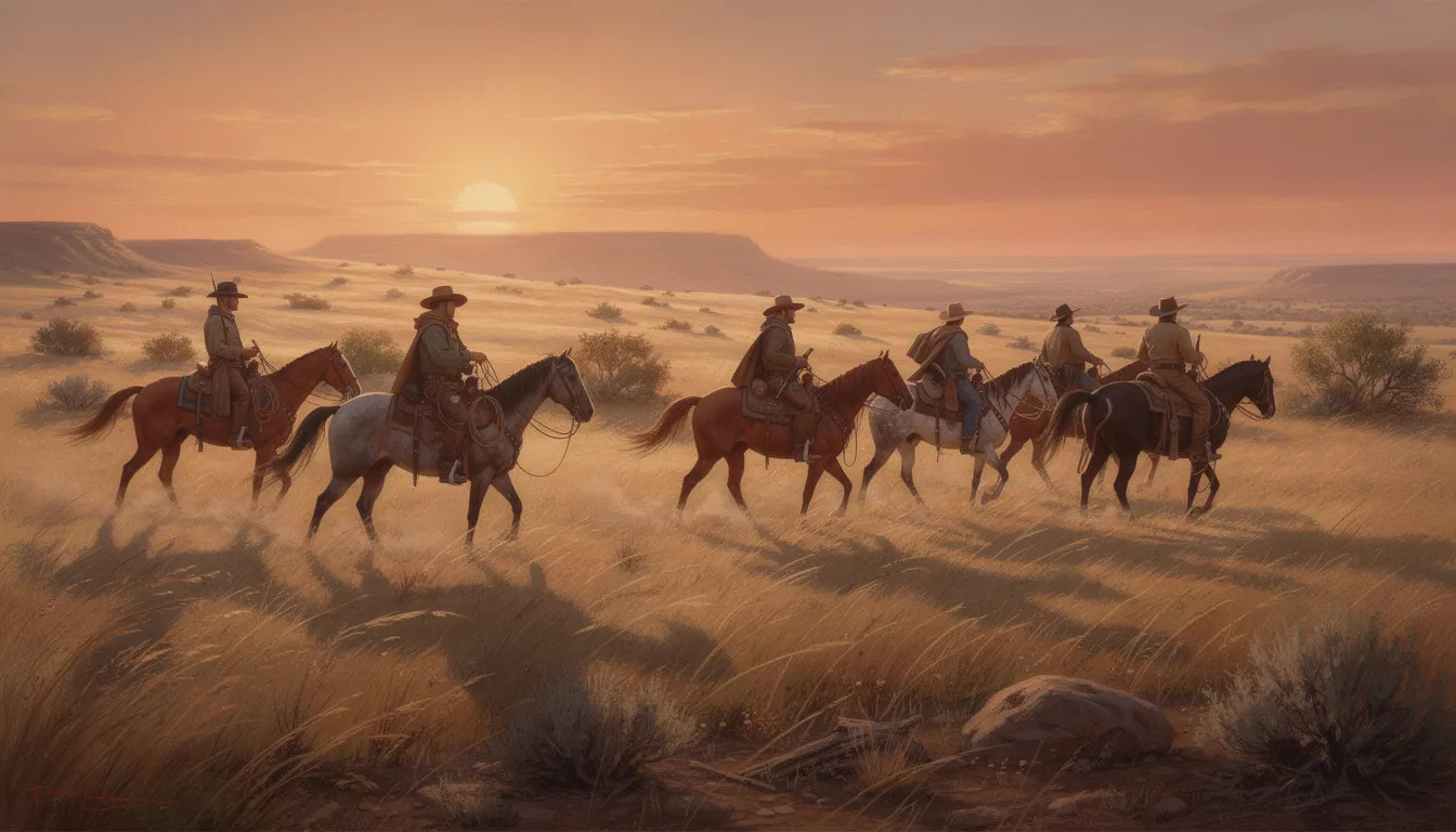 Na historické texaské prériji při západu slunce se nachází kovbojové na koních, kteří symbolizují tradiční život v Texasu. Krajina je rozlehlá a malebná, s teplými odstíny slunce, které osvětlují tuto scénu typickou pro jihozápad USA.
