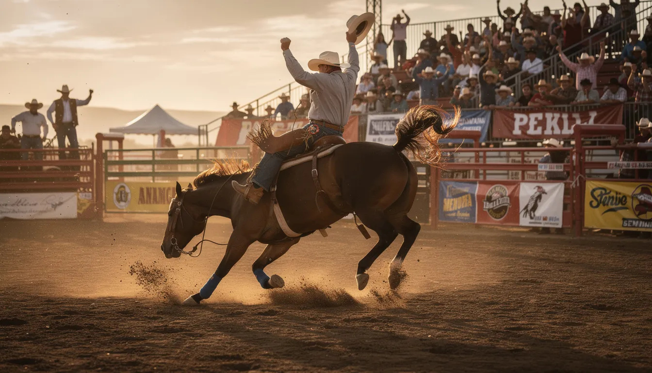 Na obrázku je scéna z rodea, kde kovboj sedí na divokém koni v aréně plné nadšených diváků. Atmosféra je vzrušující a diváci sledují s napětím, jak se kovboj snaží udržet na koni, což je tradiční sport v Texasu.