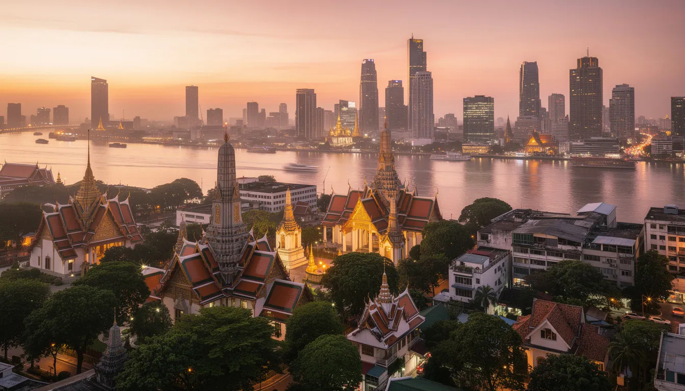 Panoramatický pohled na Bangkok zachycuje krásu buddhistických chrámů a moderních mrakodrapů při západu slunce, kdy se město v thajsku zahaluje do teplých odstínů oranžové a růžové. Tento výjev ukazuje kontrast mezi tradiční thajskou architekturou a moderním městským životem v hlavním městě Thajska.