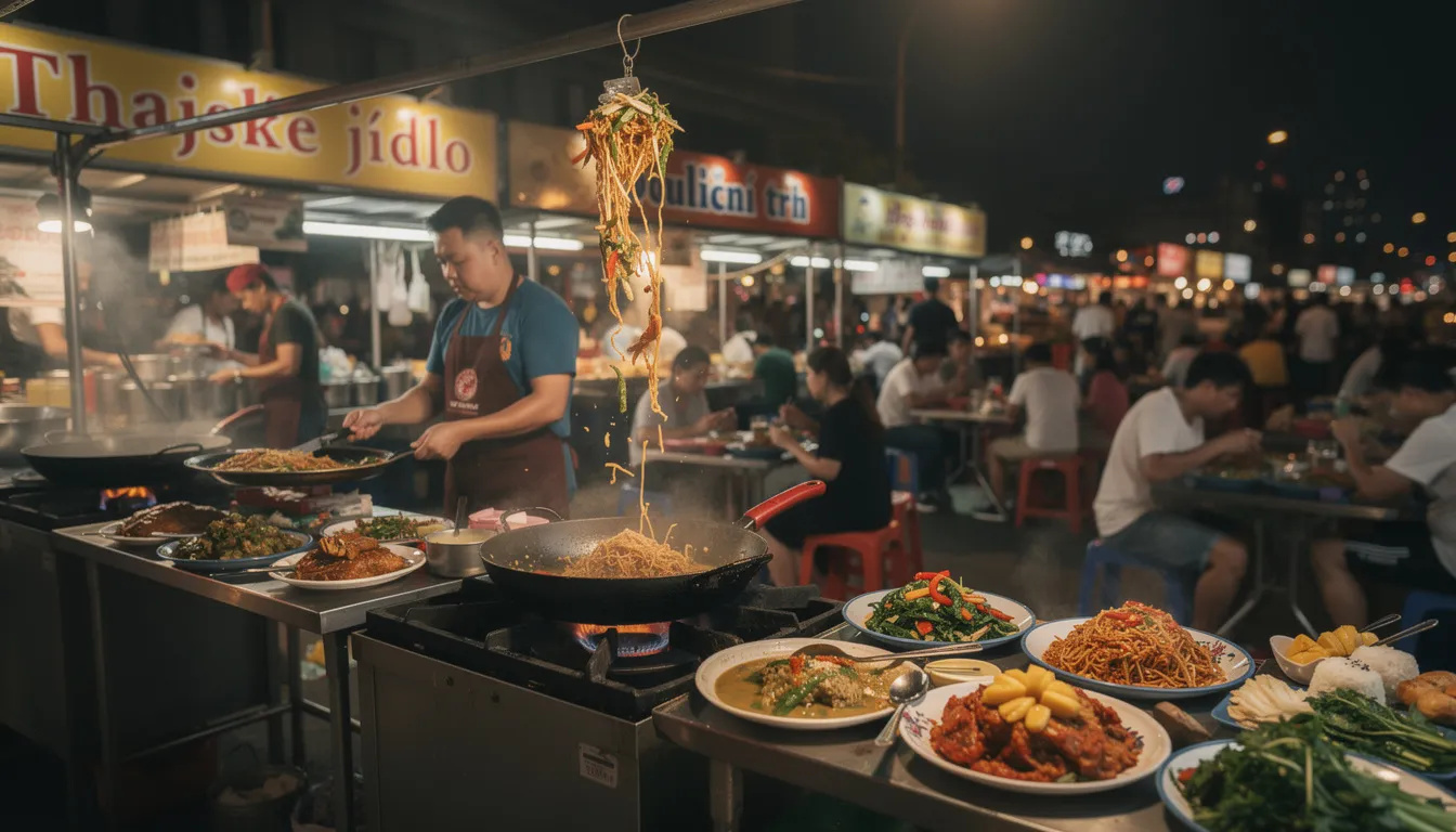 Na nočním trhu v Thajsku se nachází stánky s různými pokrmy, které jsou připravovány na wok pánvích. Barevné a voňavé thajské pouliční jídlo láká návštěvníky z Bangkoku i dalších měst, jako je Chiang Mai.