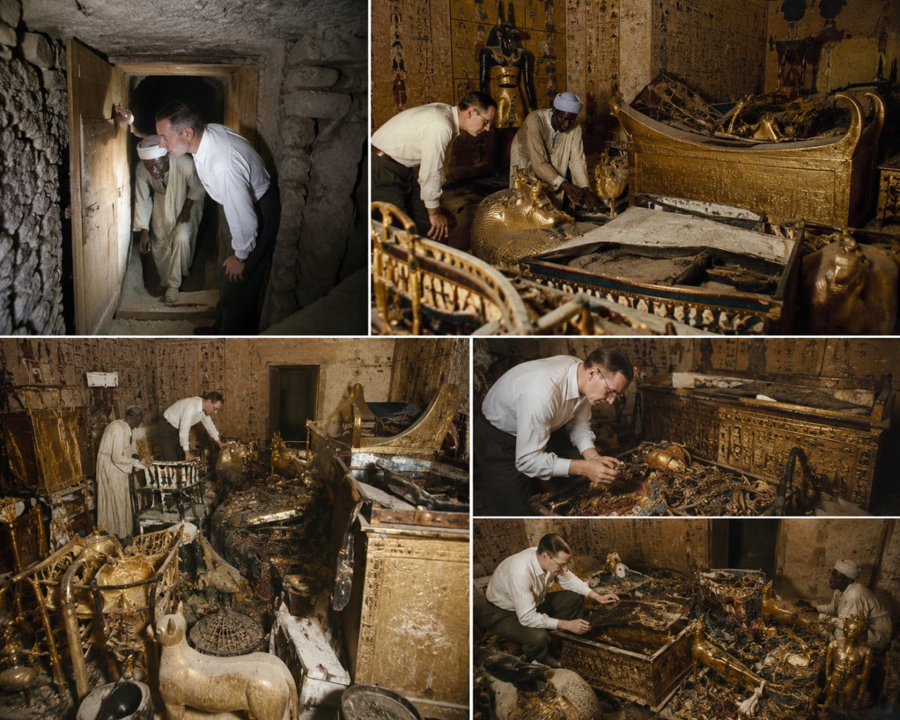 Koláž z Tutanchamonovy hrobky s archeology a zlatými poklady v Údolí králů