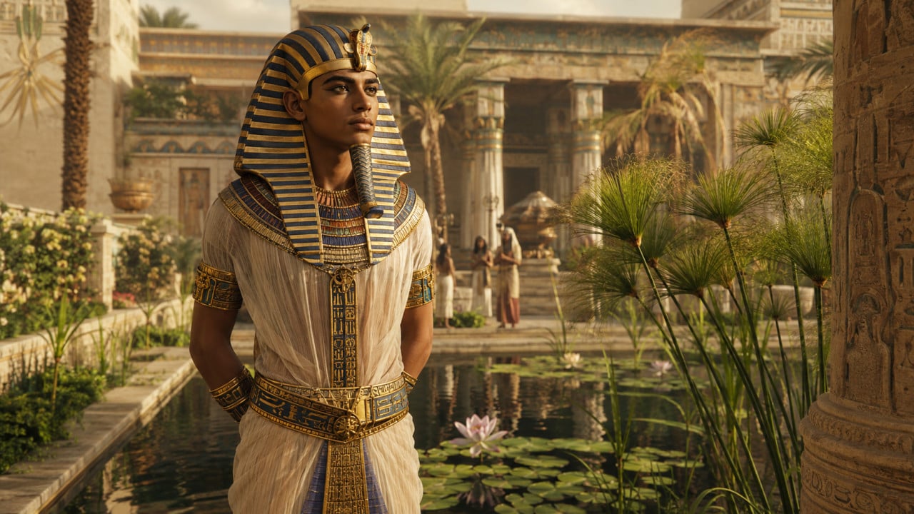 Tutanchamon v egyptském chrámovém dvoře s jezírkem a palmami